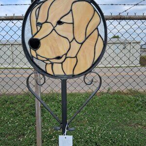 Stained glass dog garden stake